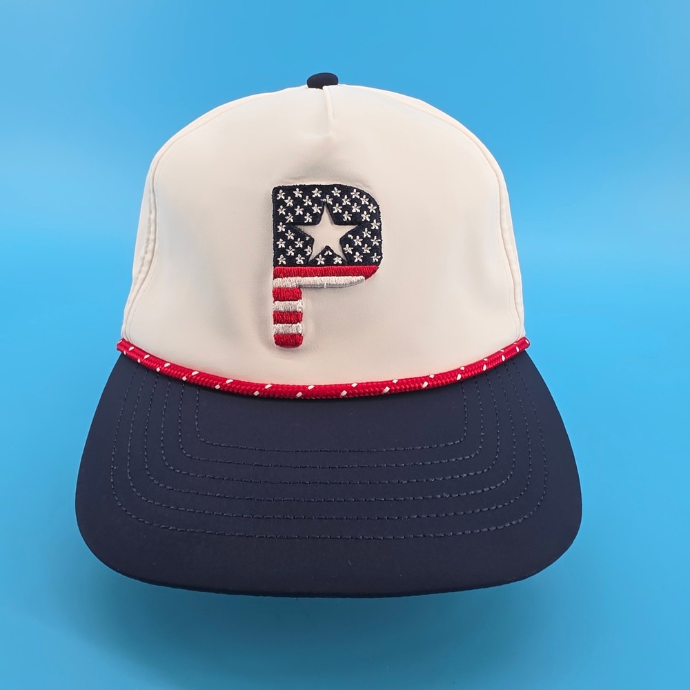 Puma Golf Pars & Stripes Snapback Hat White Navy Blue American Flag P Logo Cap